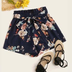 3XL SHEIN Navy Floral Paperbag Polyester Shorts
